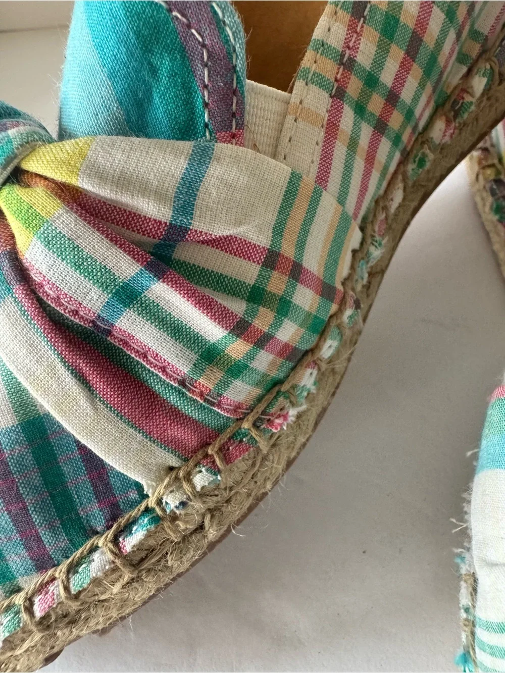 Talbots Women’s 7 Plaid knot Espadrille Flats Teal Pink Slip On Shoes Classic